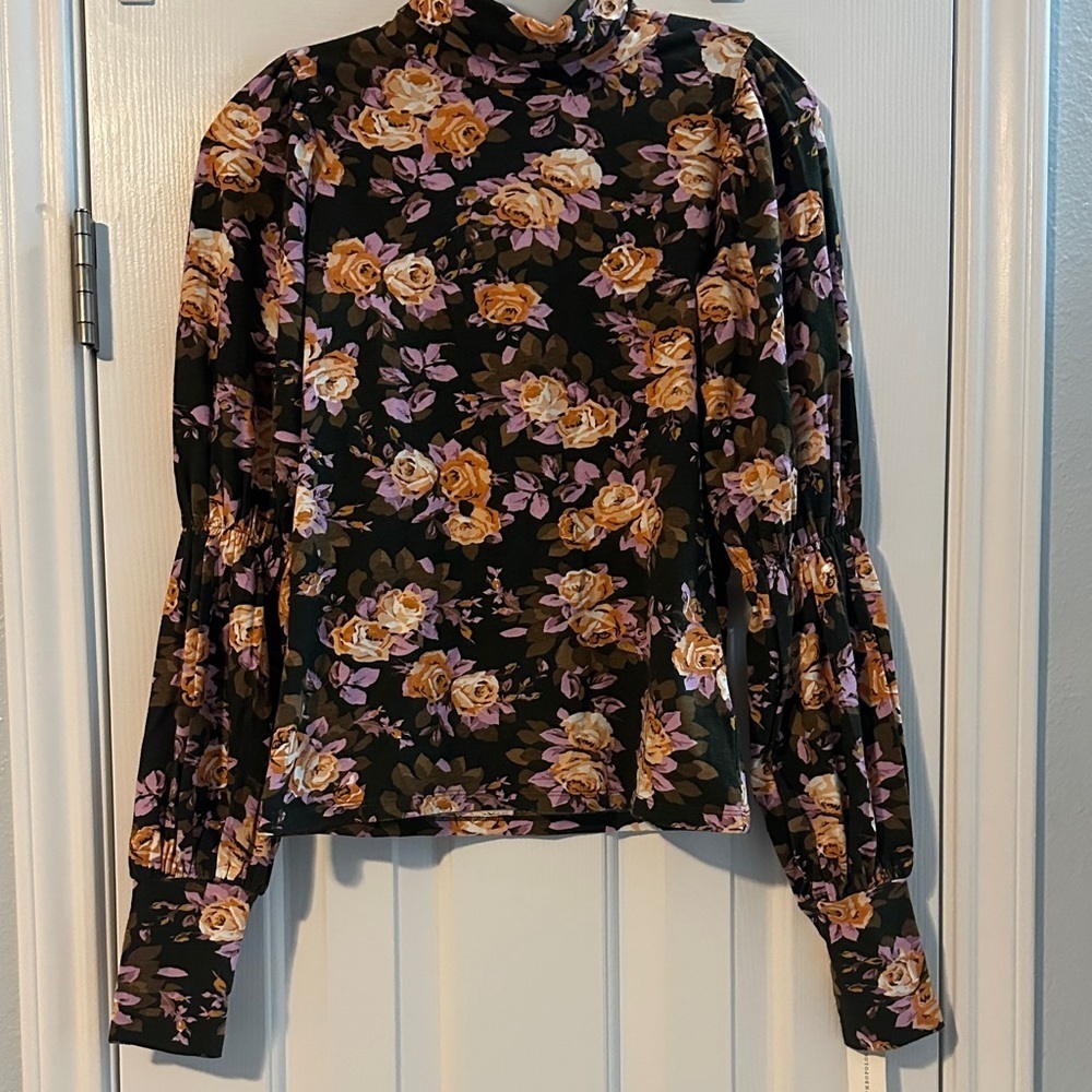 Anthropologie Black Floral Turtleneck Puff Sleeves NWT XXS Boho Indie Sleeze - Picture 2 of 8